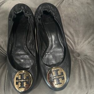 Tory Burch Black and Gold Leather Flats